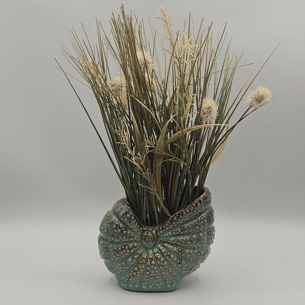 Nautilus Shell Ceramic Vase Teal Blue‎ Faux Grass Floral Arrangement Coastal